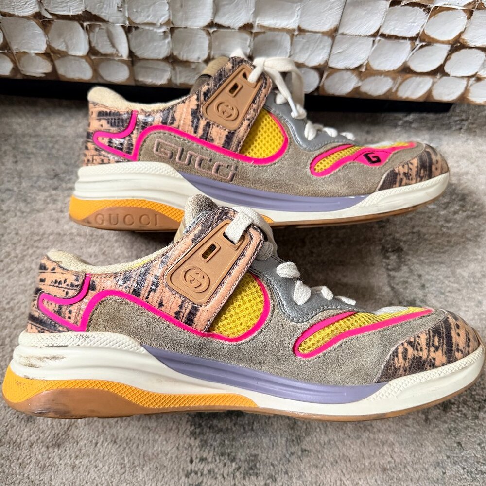 Gucci Ultrapace Sneakers Pink Multi Leather Metallic Reptile Snake Print Sz 38